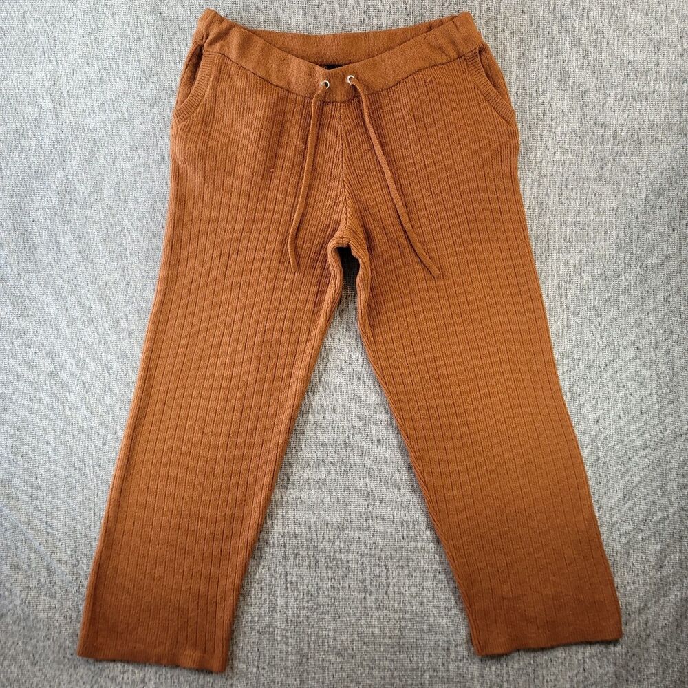 DKNY Women Large Cashmere Blend Knit Pants Rust Brown Lounge Straight Leg Casual